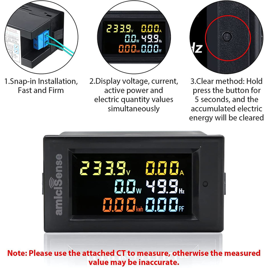 6-in-1 Digital Power Meter, 100A 40–300V AC with Multi-Colour Display (22kW)