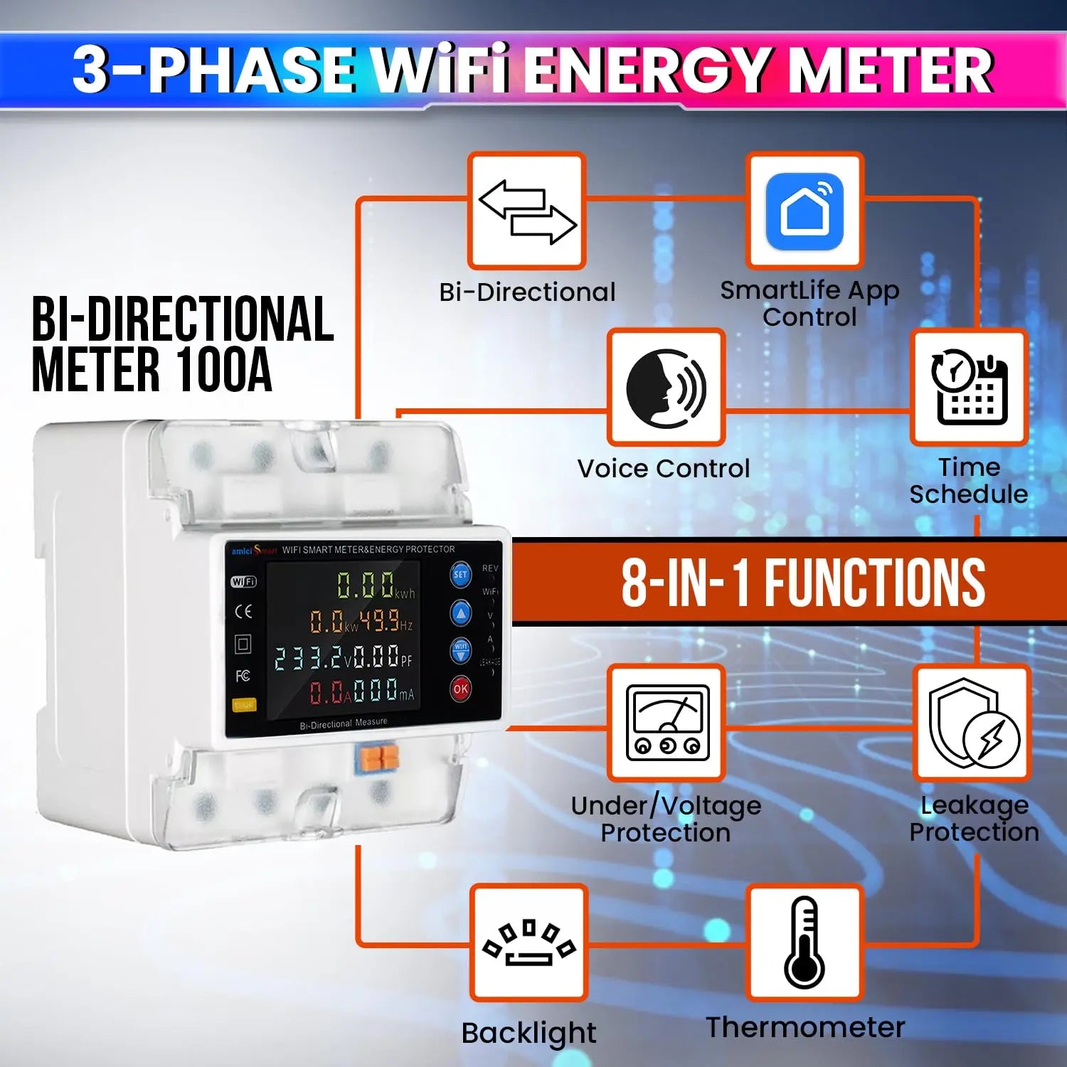 WiFi Bi-Directional Energy Meter Over/Under Voltage, Overload & Leakage Protection with Auto Reconnect