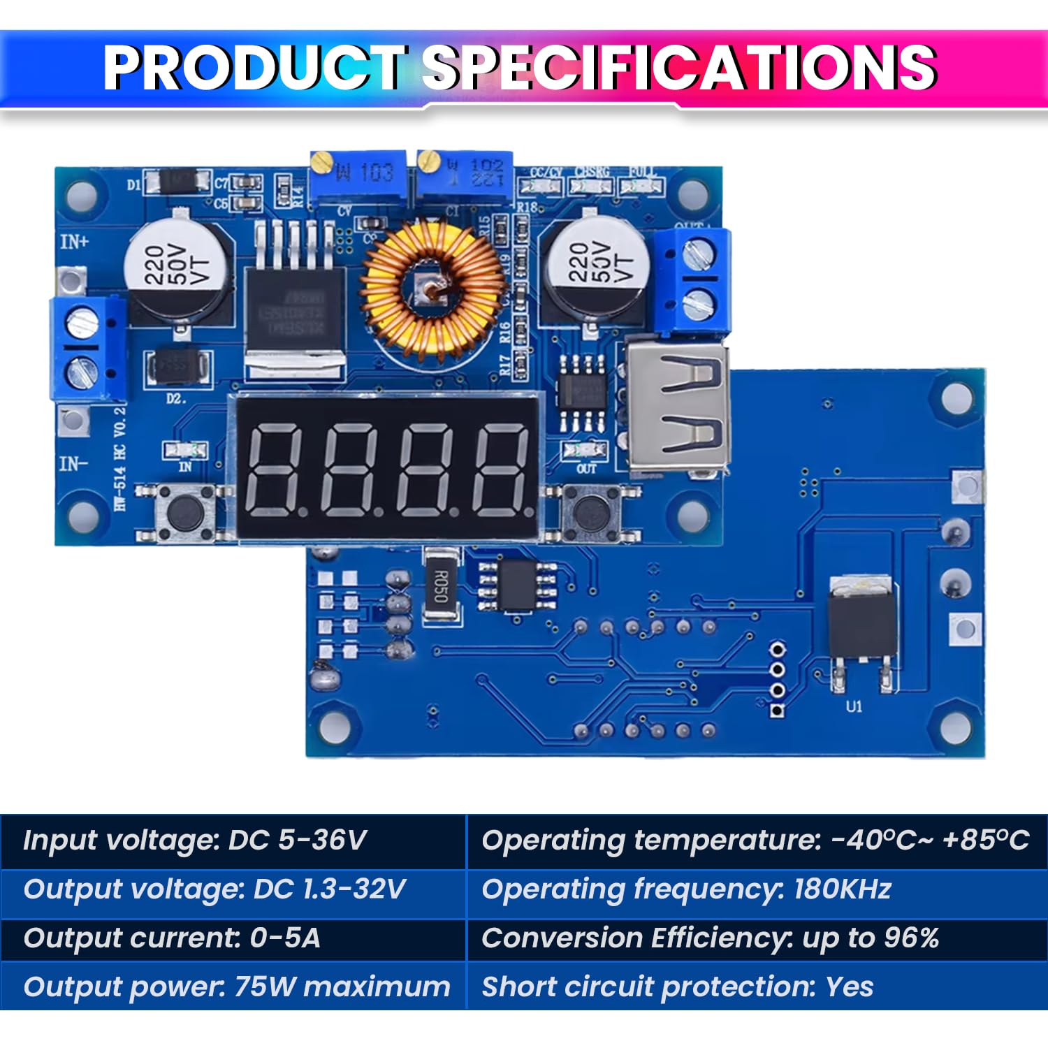 75W DC-DC Buck Converter- 5-36V to 1.3-32V Adjustable Voltage Regulator