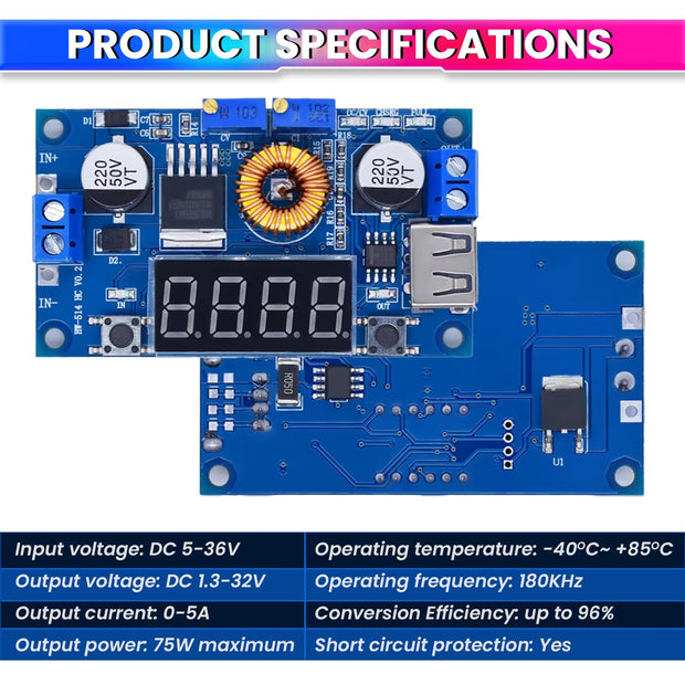 75W DC-DC Buck Converter- 5-36V to 1.3-32V Adjustable Voltage Regulator