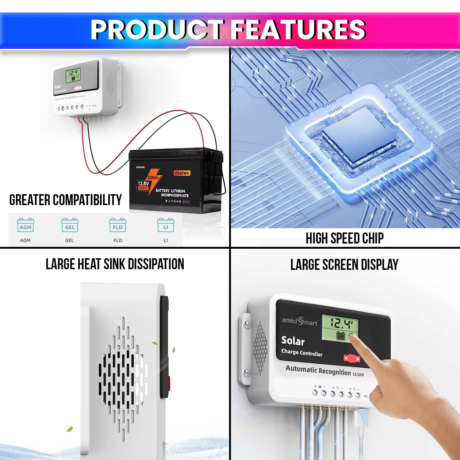 30A Solar Charge Controller Intelligent Battery Regulator for Lead Acid & Lithium Battery with LCD Display and 3A USB Port