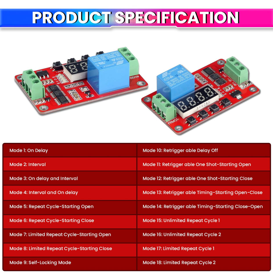 Adjustable Time Delay Relay Module 12V 10A with 18 Preset Modes LED Timer Switch for Smart Home or DIY Electronics