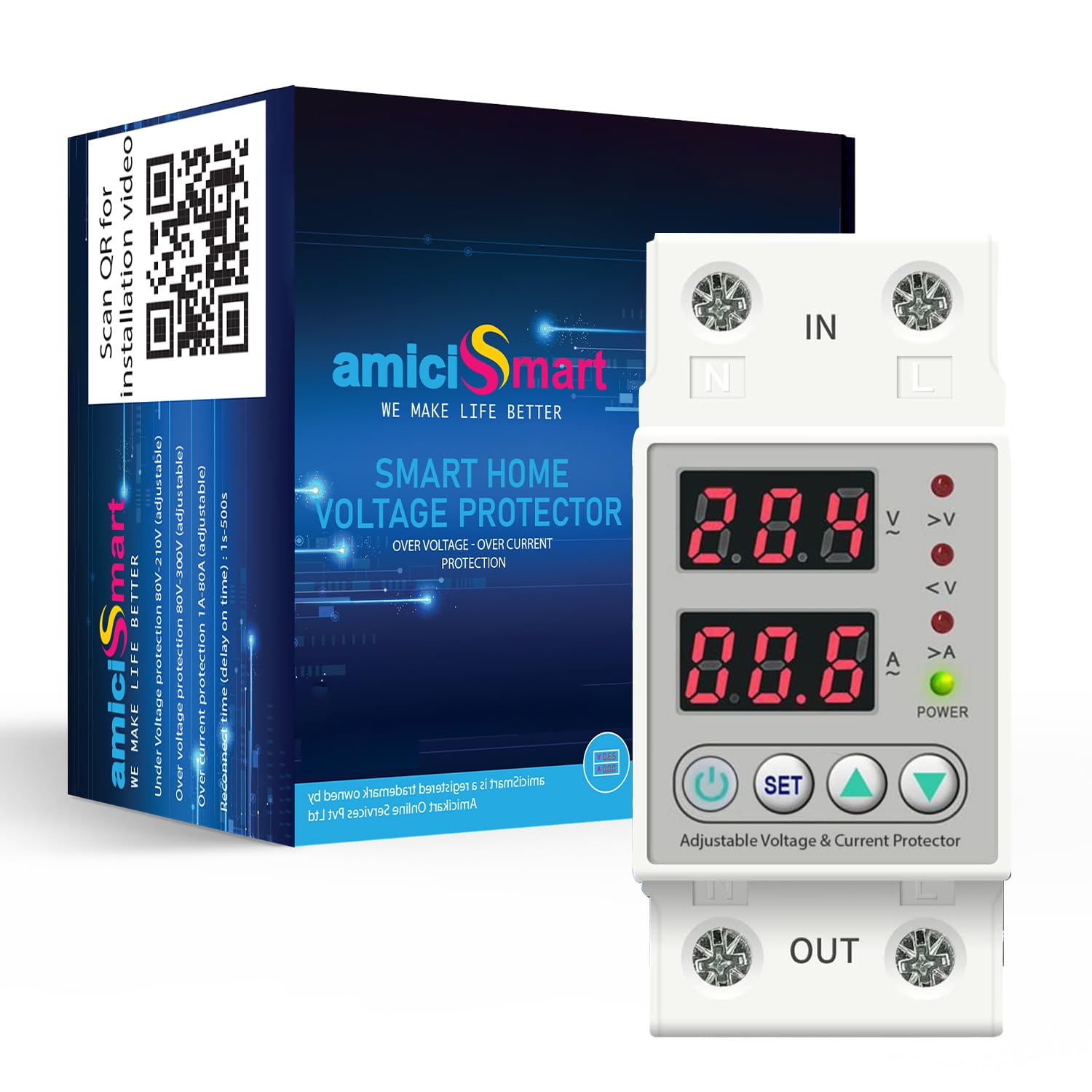Automatic Over/Under Voltage & Overload Protection Device Single Phase Din-Rail Mounted with Auto Reconnect & LED Display 220V 63A (13.8kW) amiciKart