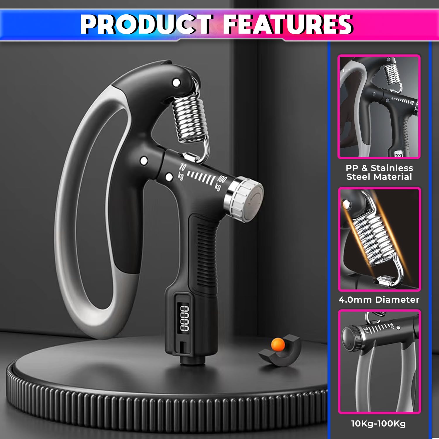 Adjustable Hand-Grip Exerciser with Digital LCD Counter, 4mm Carbon Steel Spring