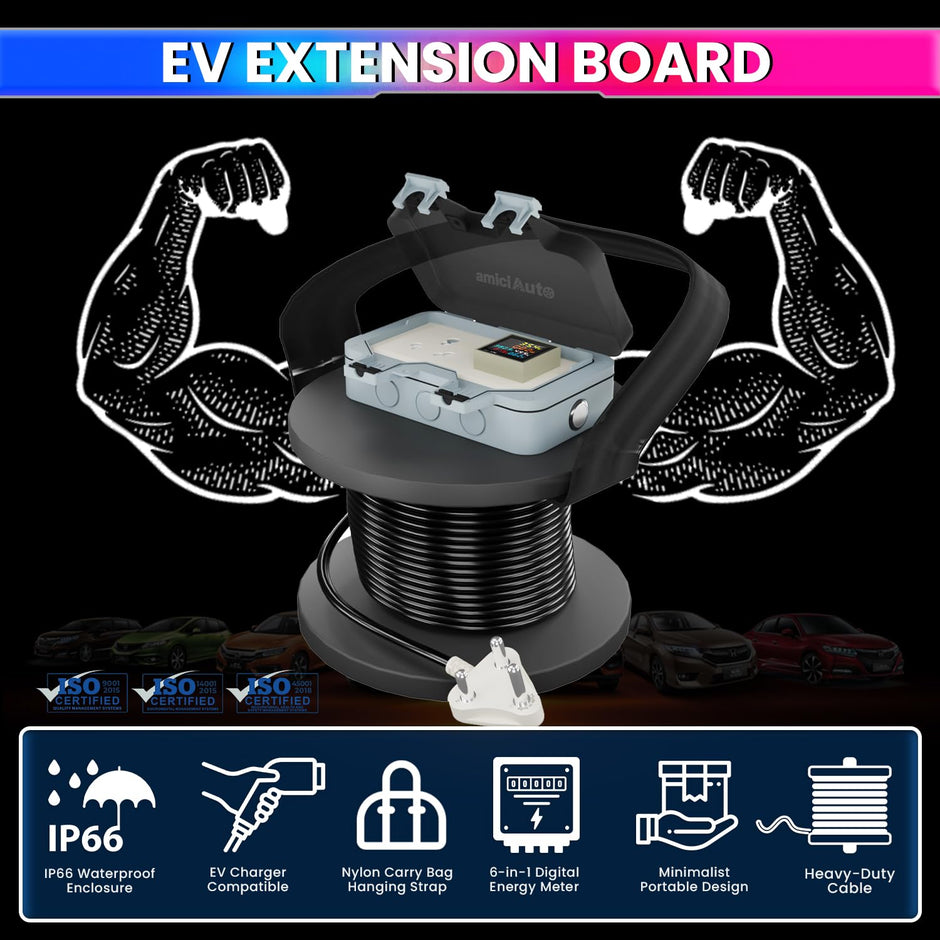 EV Charging Extension Board | Digital Energy Meter | Waterproof | ON/Off Switch | Outdoor EV Charging Solution