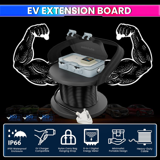 EV Charging Extension Board | Digital Energy Meter | Waterproof | ON/Off Switch | Outdoor EV Charging Solution