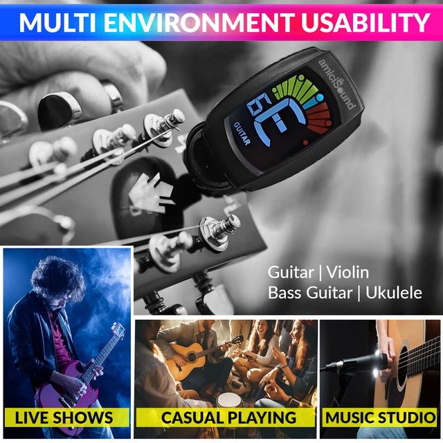 amiciSound Clip-On Tuner for Chromatic Guitar Bass, Violin, Ukulele With Digital LCD Display