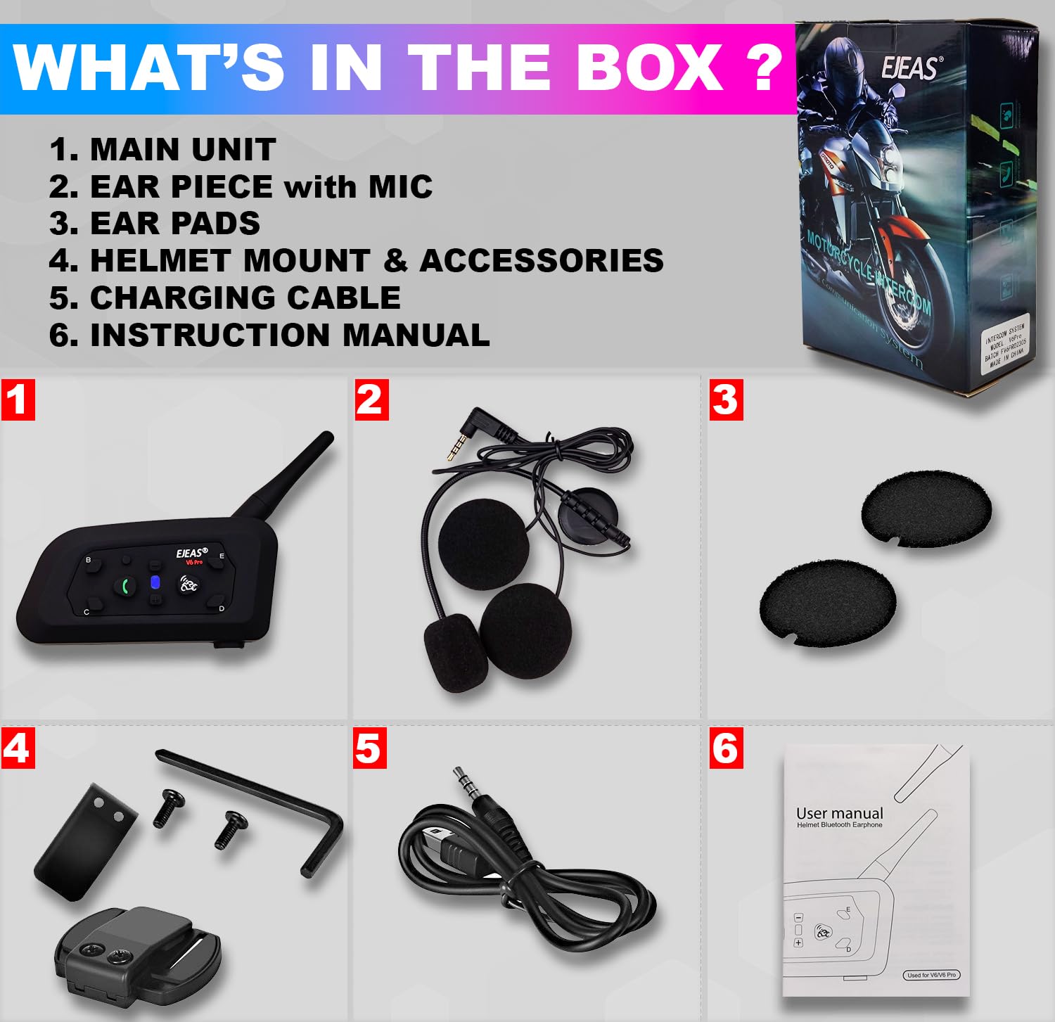 Ejeas V6 Pro Helmet Bluetooth Intercom for 6 Riders, Headphone with Mic (Double Unit) amiciKart c0tmiz-hs.myshopify.com