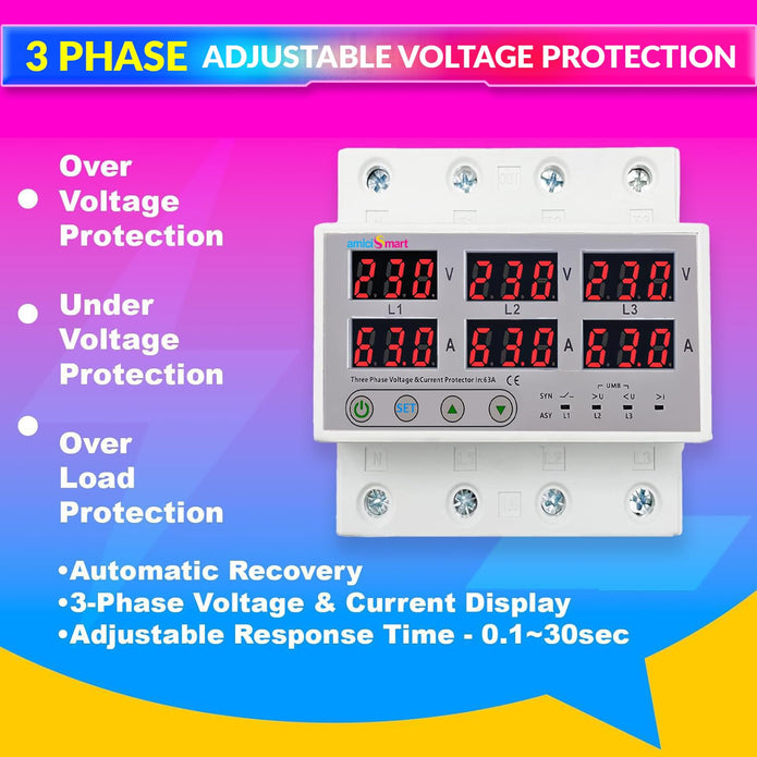 amiciSmart 3-Phase Automatic Over/Under Voltage Protector 63A with Over-Current, Phase-Loss & Phase-Imbalance Protection, Auto-Reconnect & Synchronous & Asynchronous Mode (220VAC, White)