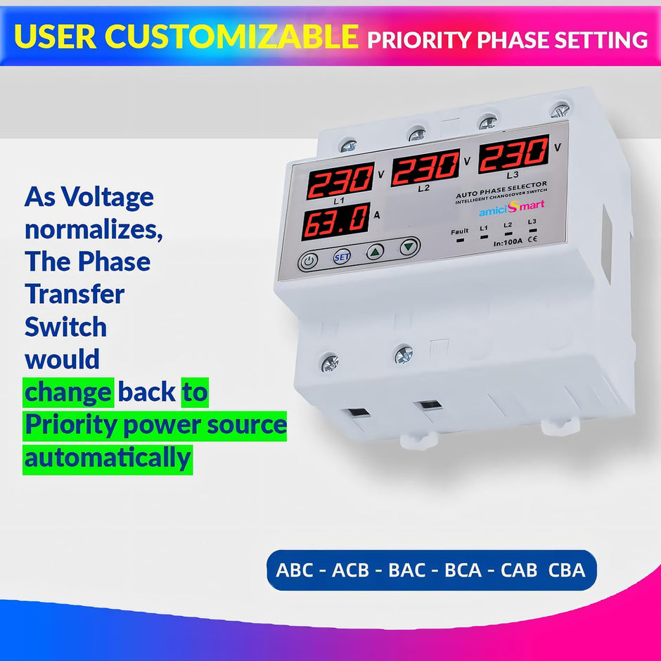 Intelligent 3 Phase to 1 Phase Auto Changeover Switch with Voltage & Overload Protection with Real-Time Display (230VAC)