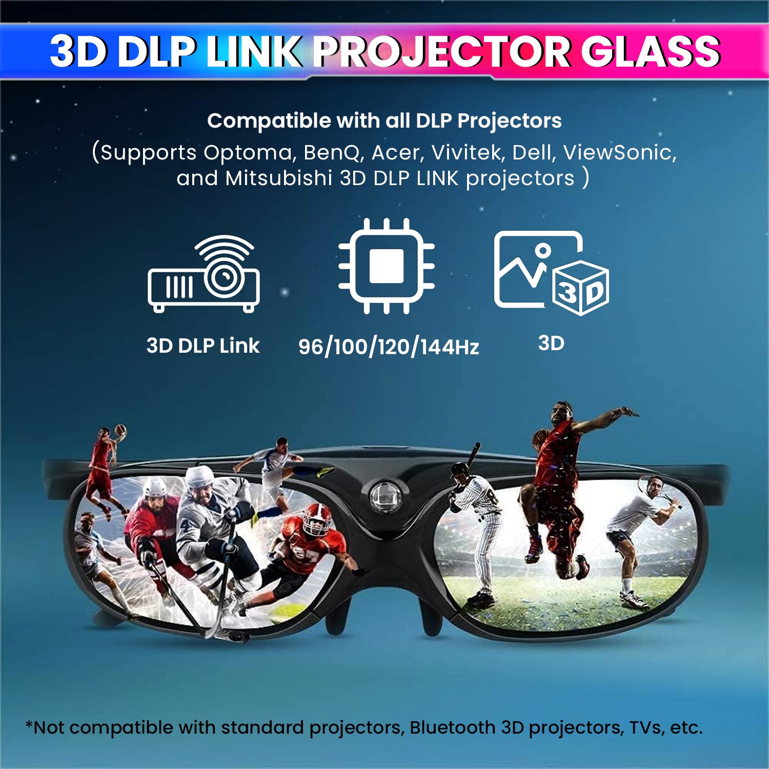 amiciVision 3D Glasses for DLP Link 3D Projectors, 144Hz Active Shutter 3D Eyewear