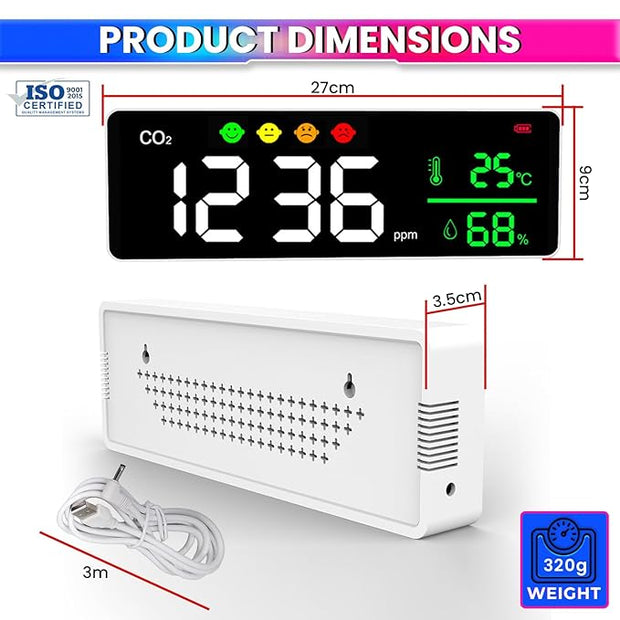 3-in-1 Air Quality Monitor – Smart WiFi CO₂ Detector with Temp & Humidity, USB Rechargeable