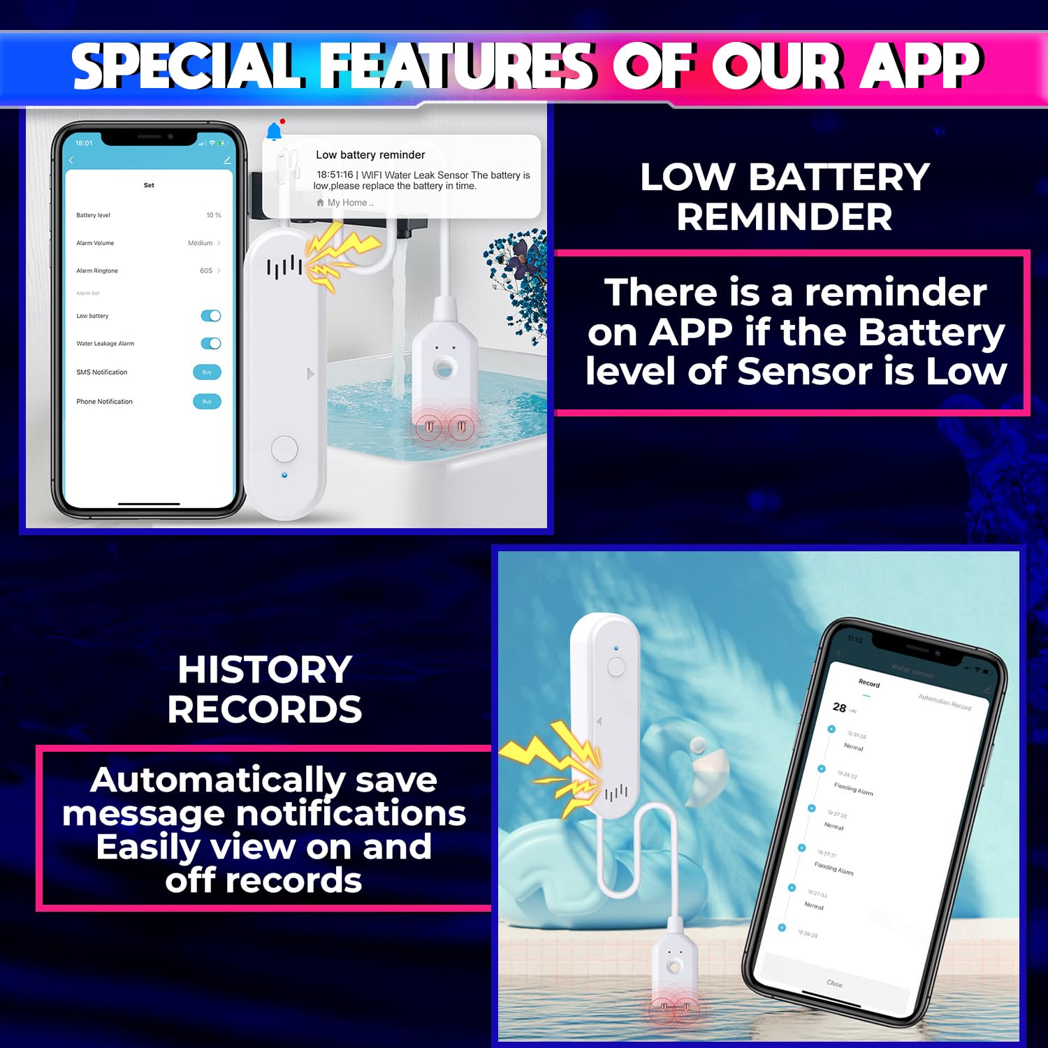 Water Leakage Sensor, WiFi Water Level Detector with 80dB Loud Alarm and SmartLife Mobile App amiciKart