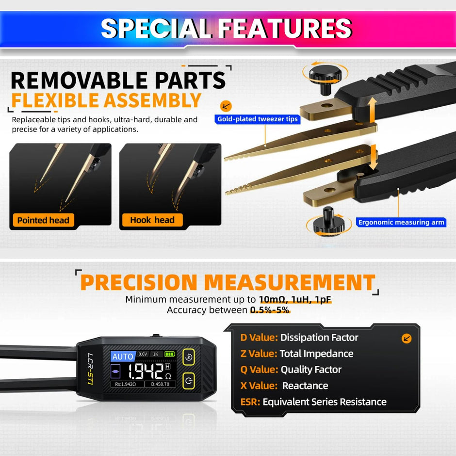 amiciSense LCR-ST1 Mini Smart Digital Tweezer – SMD LCR & ESR Tester with Auto Recognition, 1.14” Color Display & USB-C Charging
