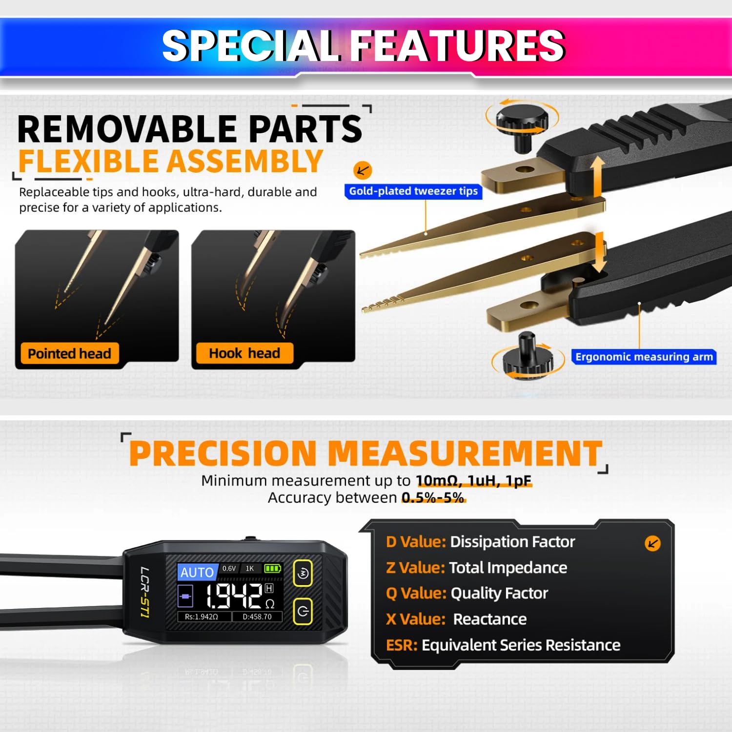 amiciSense LCR-ST1 Mini Smart Digital Tweezer – SMD LCR & ESR Tester with Auto Recognition, 1.14” Color Display & USB-C Charging
