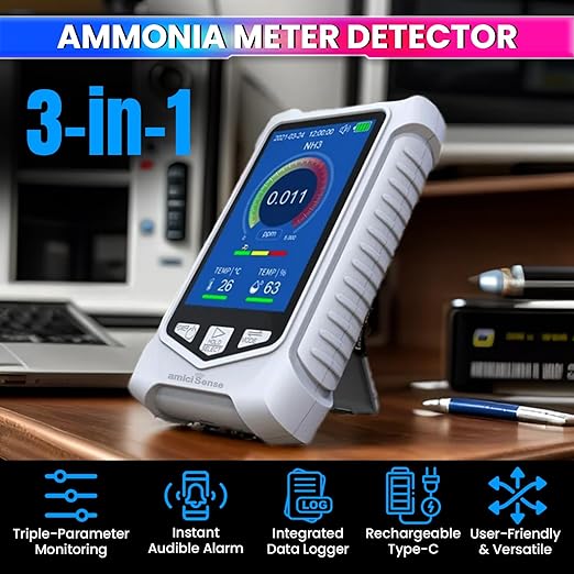 Portable NH3 Ammonia Meter – LCD Display with Temp & Humidity, Alarm & USB-C Rechargeable