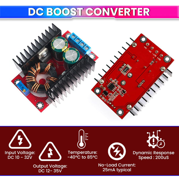 amiciSmart 150W DC to DC Converter - 10A Adjustable Step-Up Boost Converter, 10~32V Input to 12~35V Output, High-Efficiency Power Supply