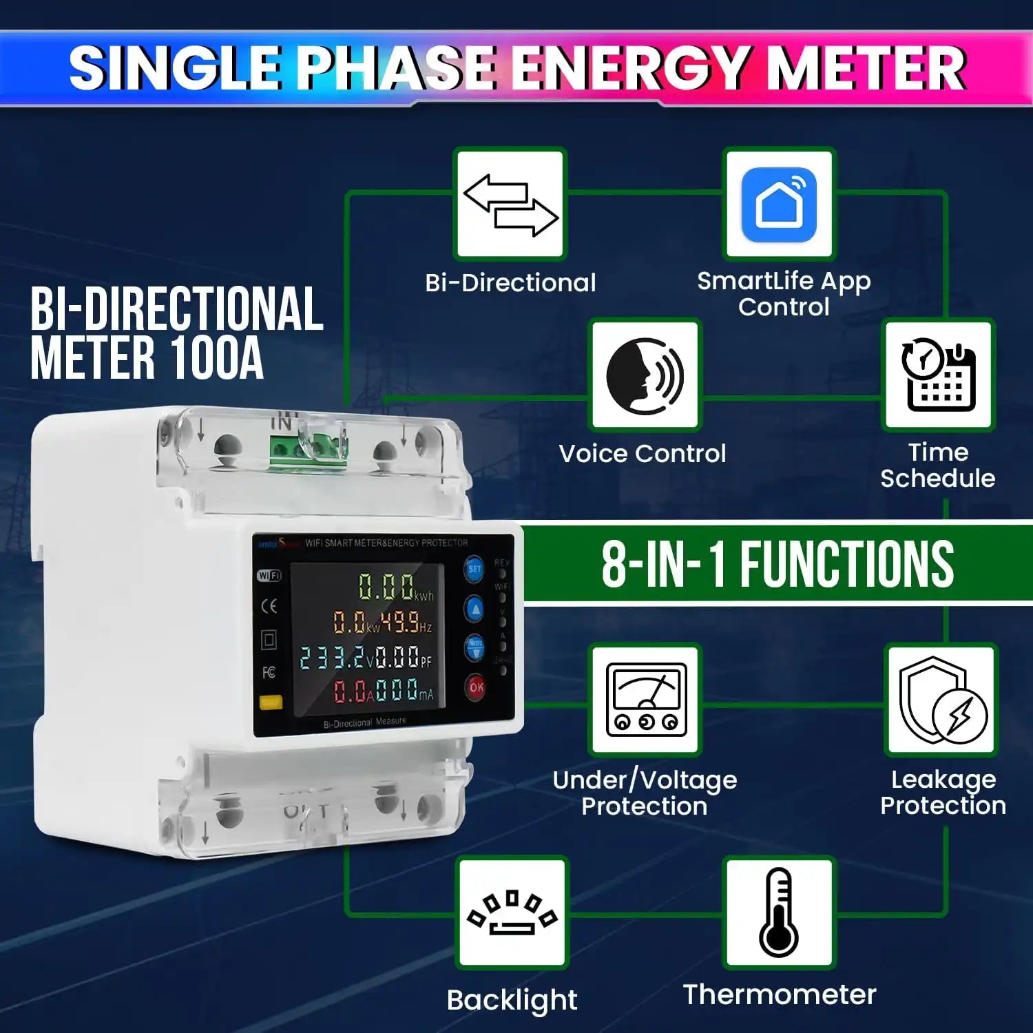 WiFi Bi-Directional Energy Meter 80A Single Phase Adjustable Over/Under Voltage, Current & Leakage Protection Auto Reconnect