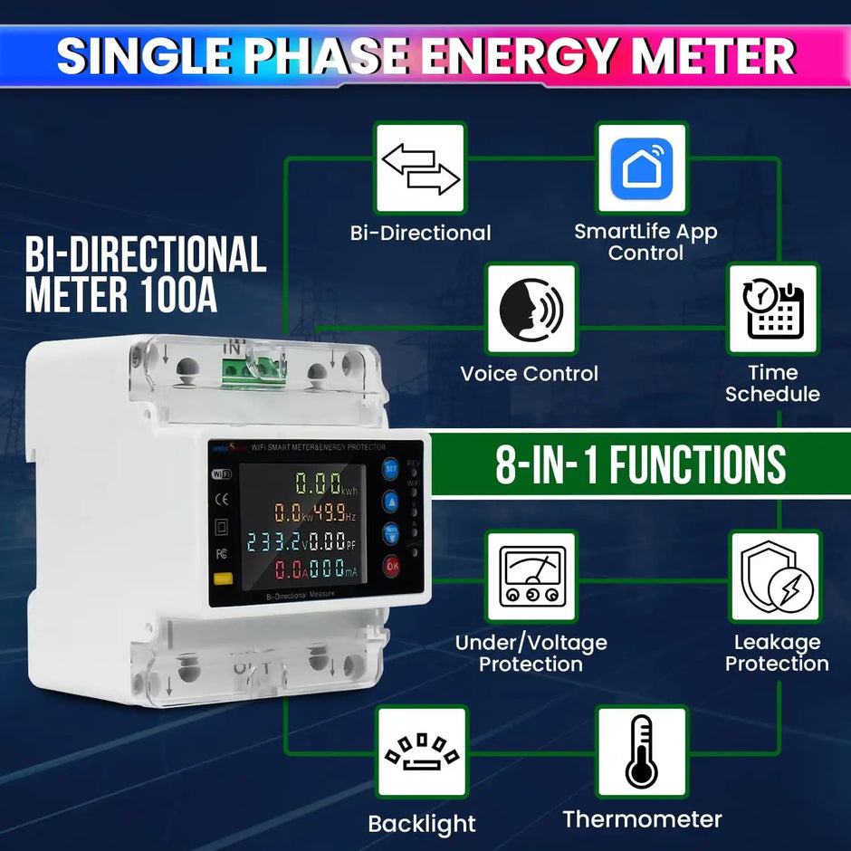 WiFi Bi-Directional Energy Meter 80A Single Phase Adjustable Over/Under Voltage, Current & Leakage Protection Auto Reconnect