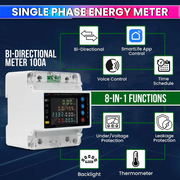 WiFi Bi-Directional Energy Meter 80A Single Phase Adjustable Over/Under Voltage, Current & Leakage Protection Auto Reconnect