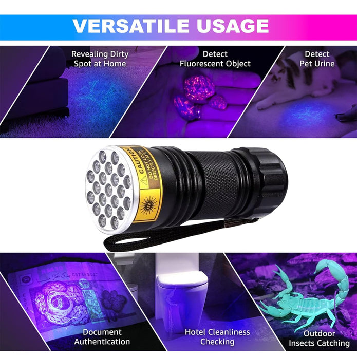 21LED UV Flashlight, 395~400nm Ultra-Violet Metal Torch Black Light