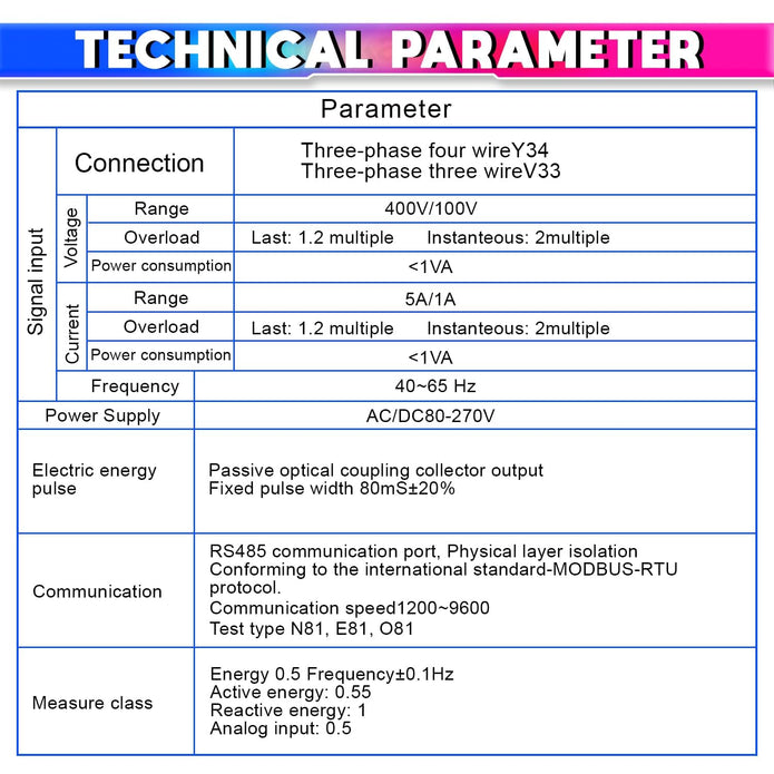 Digital 3-Phase Energy Meter with RS-485, Voltage/Current/Power Monitoring, 230VAC