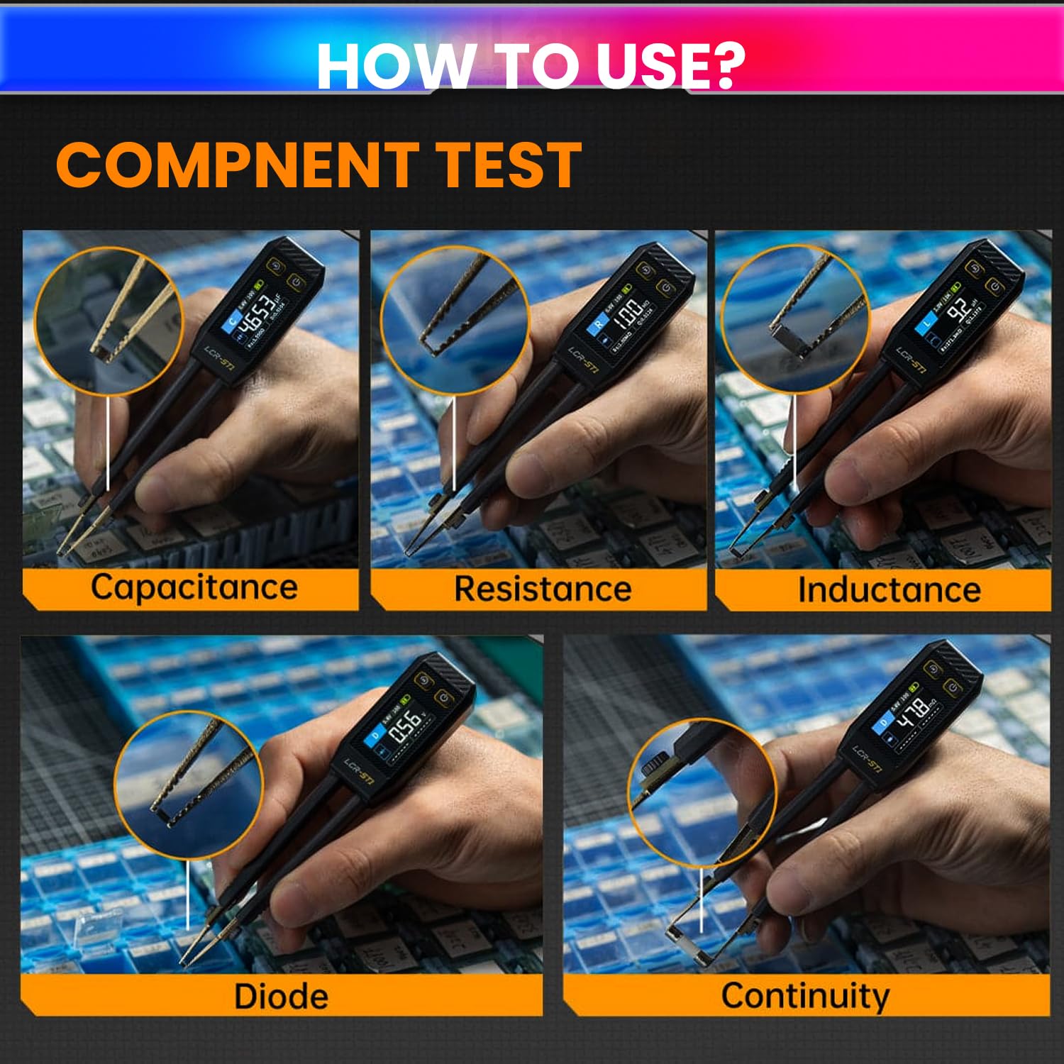 amiciSense LCR-ST1 Mini Smart Digital Tweezer – SMD LCR & ESR Tester with Auto Recognition, 1.14” Color Display & USB-C Charging