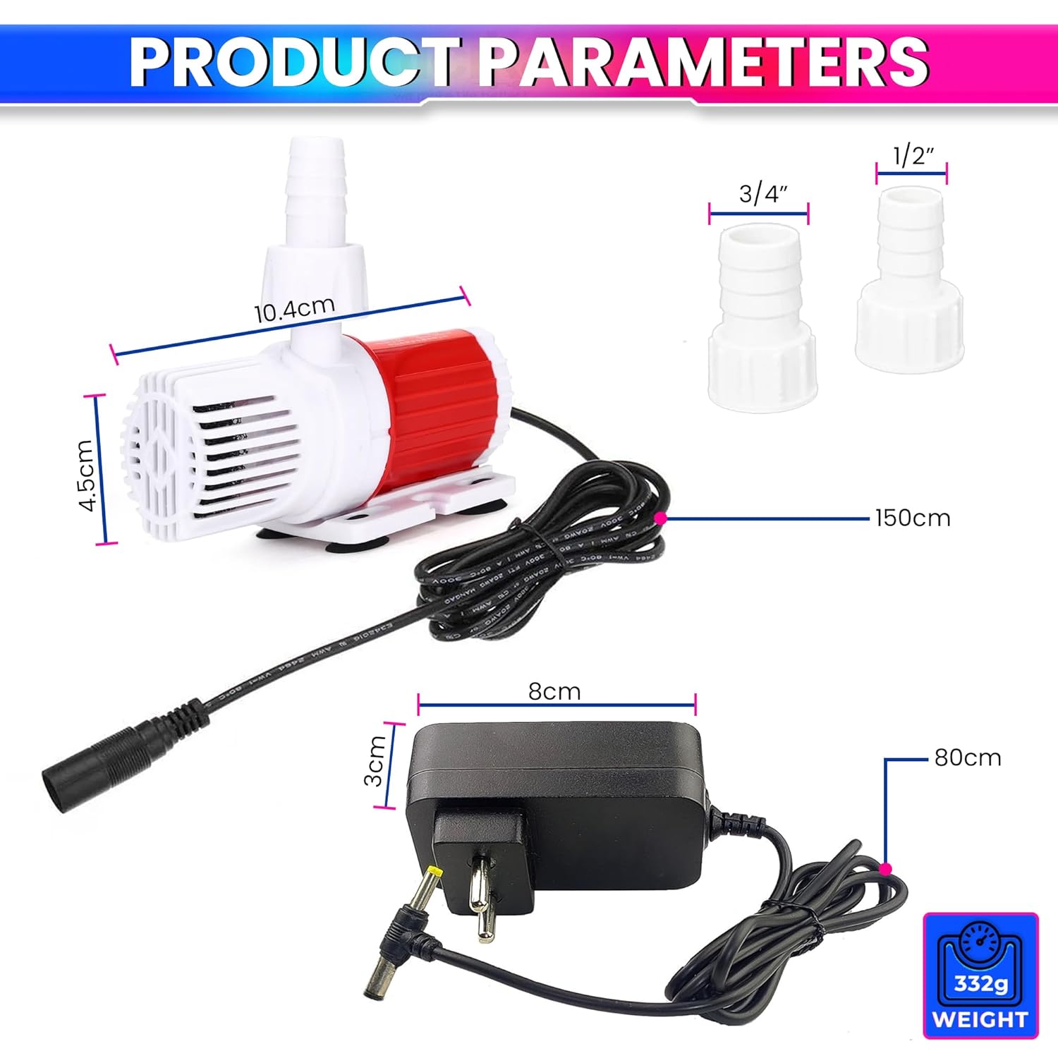 10W Submersible Water Pump – 12V DC Brushless Motor, 500 LPH Flow Rate, 3.3m Lift Height & Silent Operation