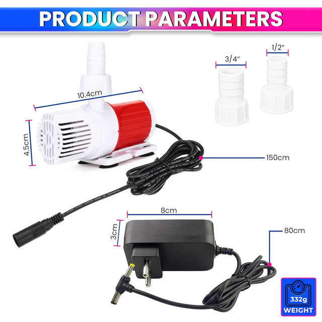 amiciFlo 10W DC Submersible Pump with Brushless Motor: Ideal for Water Features and Aquariums with 500 L/H Flow Rate and 3.3m Lift Height, DC 12V