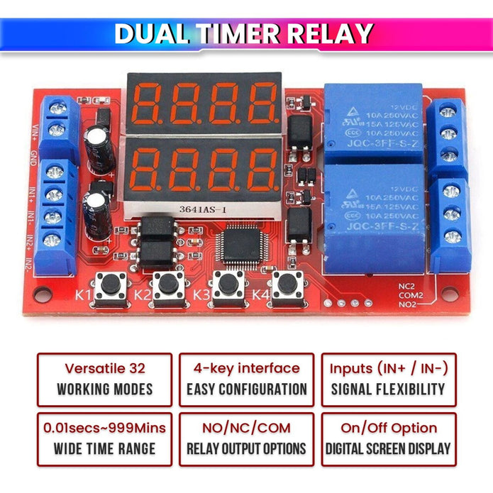 12V 10A Adjustable Time Delay Relay Module – 32 Modes Dual LED Timer Switch with Digital Display