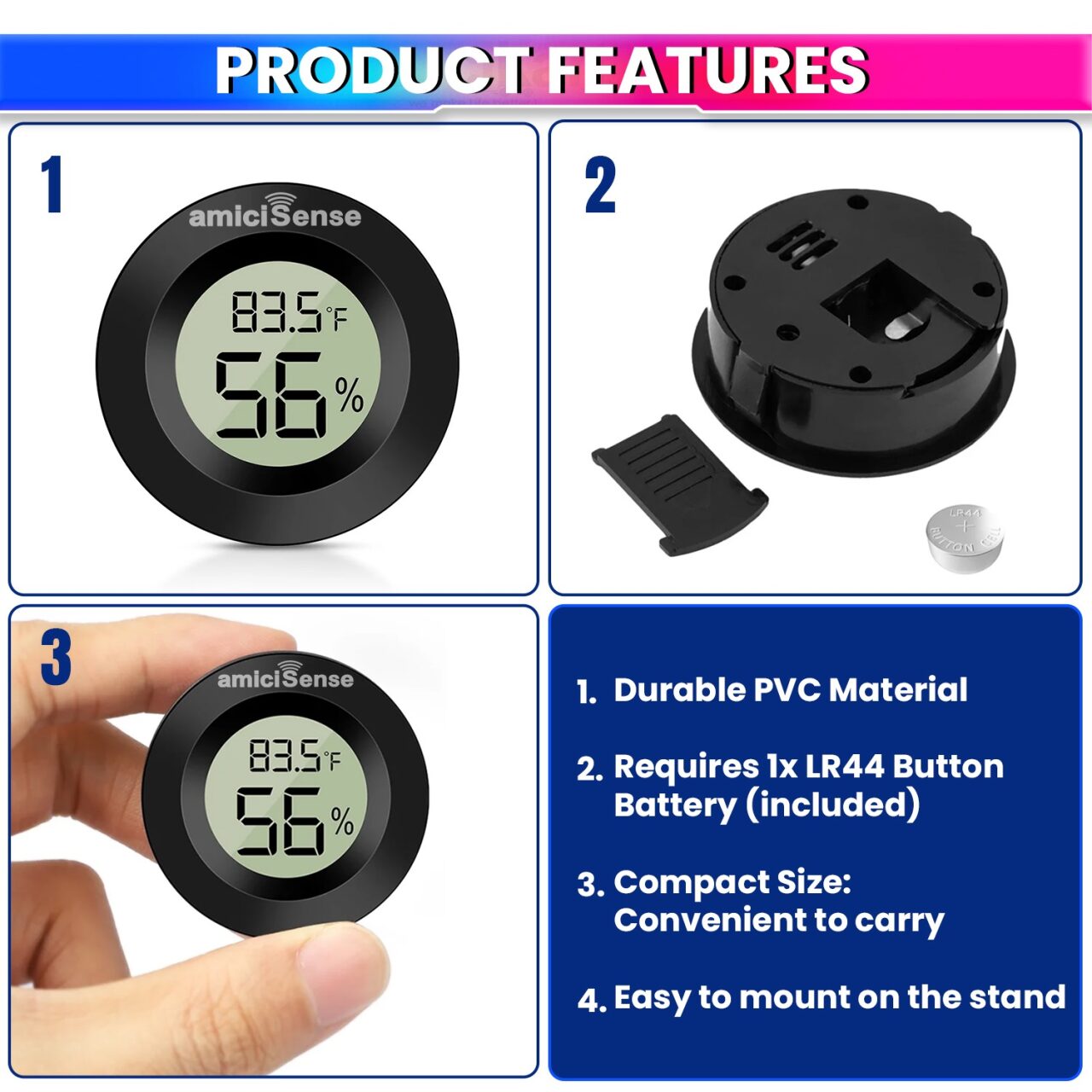 Mini Digital Thermometer & Hygrometer – Compact Temperature & Humidity Monitor with Back Sensor for Home, Car & Office amiciKart