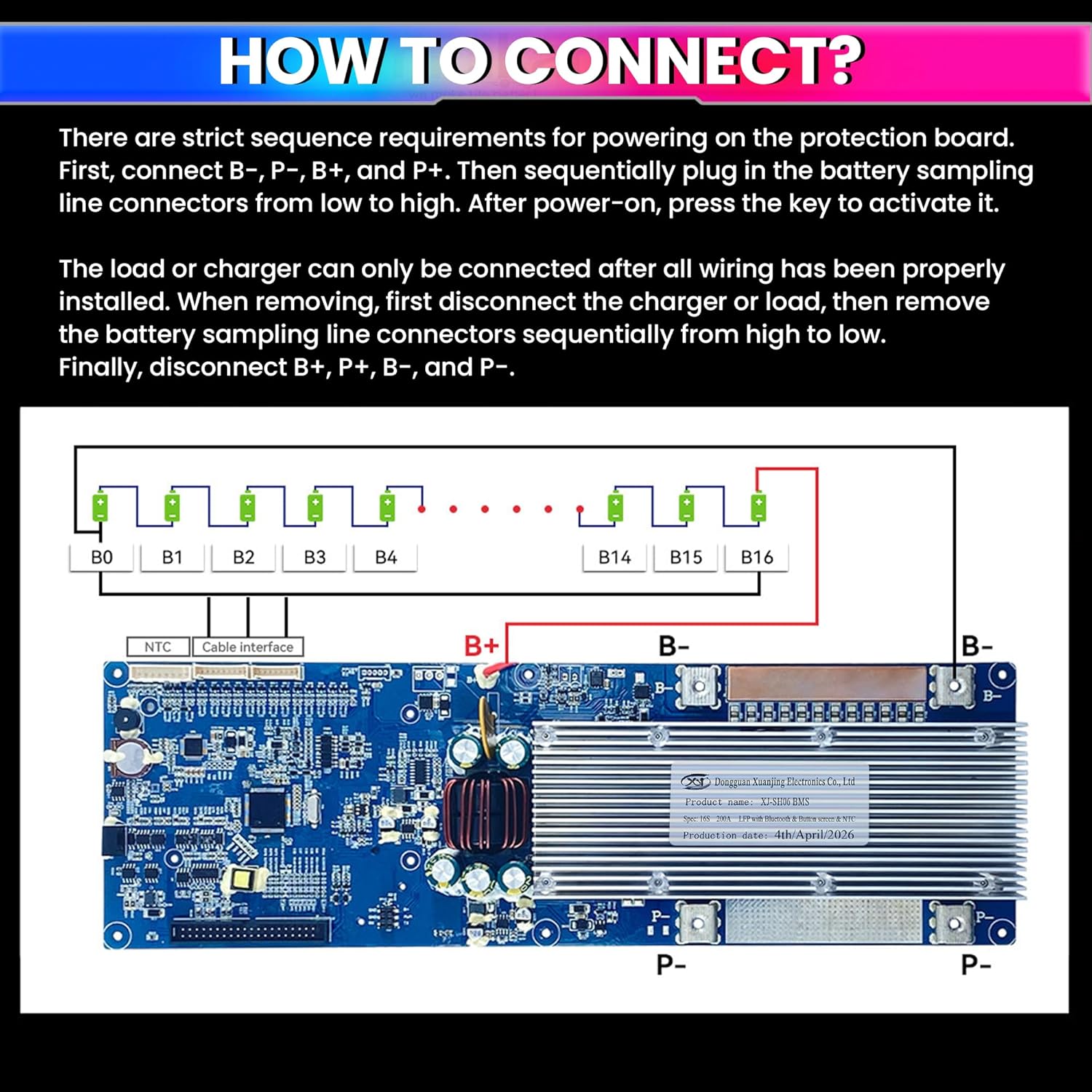 7S–16S 200A Smart BMS for LiFePO4 Battery Pack | Bluetooth App + Display