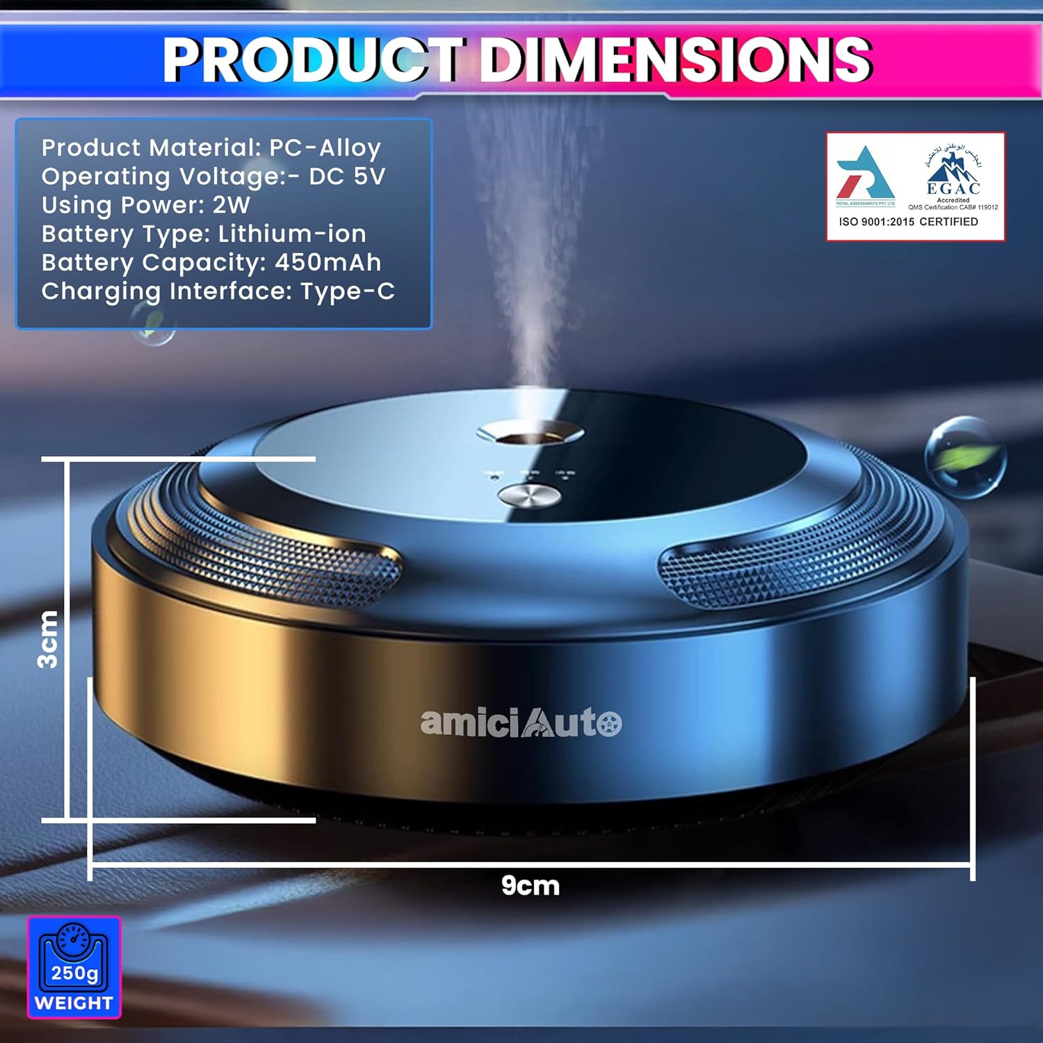 Smart Electric Essential Oil Diffuser for Car with Ultrasonic Atomization, 3 Aroma Modes