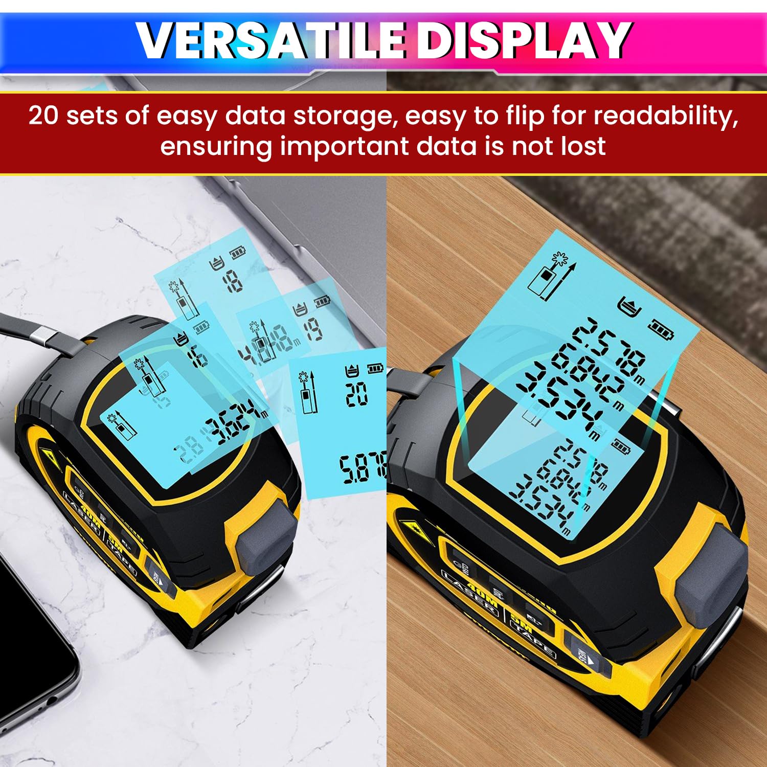 3-in-1 Laser Distance Meter – 60m Laser, 5m Tape, 10m Cross Line with Memory 20 Measurement Storage amiciKart c0tmiz-hs.myshopify.com
