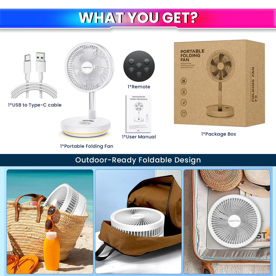 10-Inch Telescopic Rechargeable Stand Fan – 8-Speed Folding Fan with Remote & 9000mAh Battery