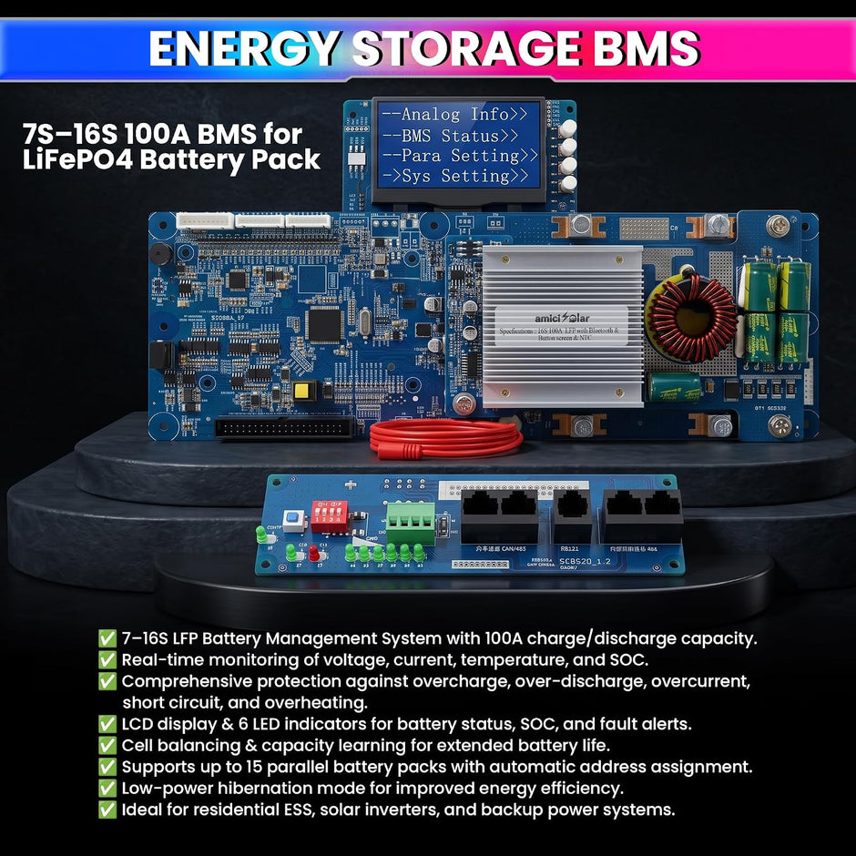 7S–16S 100A Smart BMS for LiFePO4 Battery Pack |  Solar Energy Storage Battery Management System