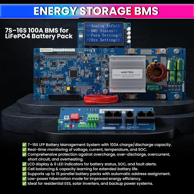 7S–16S 100A Smart BMS for LiFePO4 Battery Pack |  Solar Energy Storage Battery Management System