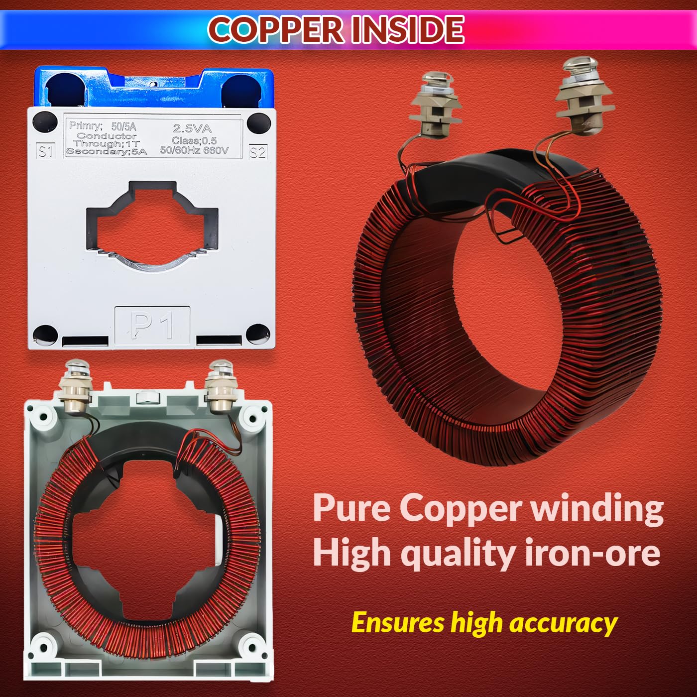 Industrial Grade Current Transformer CT Coil 300/5A (Class 0.5) 0.66kV Rated Voltage