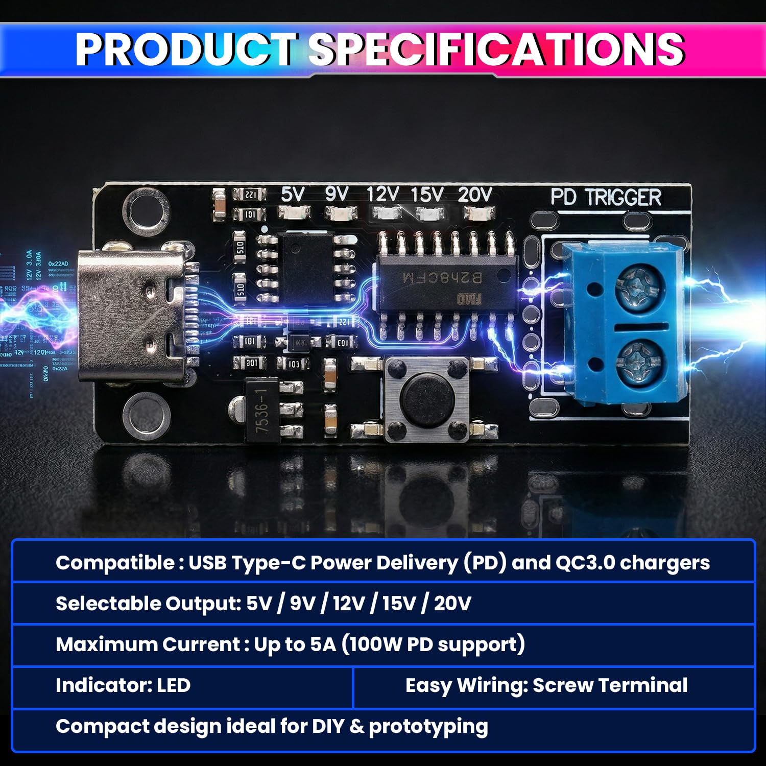 USB-C PD Trigger Module 100W | 5V-20V Adjustable Output | amiciKart