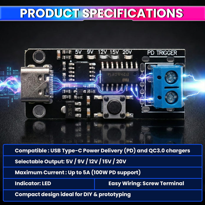 USB-C PD Trigger Module 100W 5A | 5V-20V Adjustable Output with LED