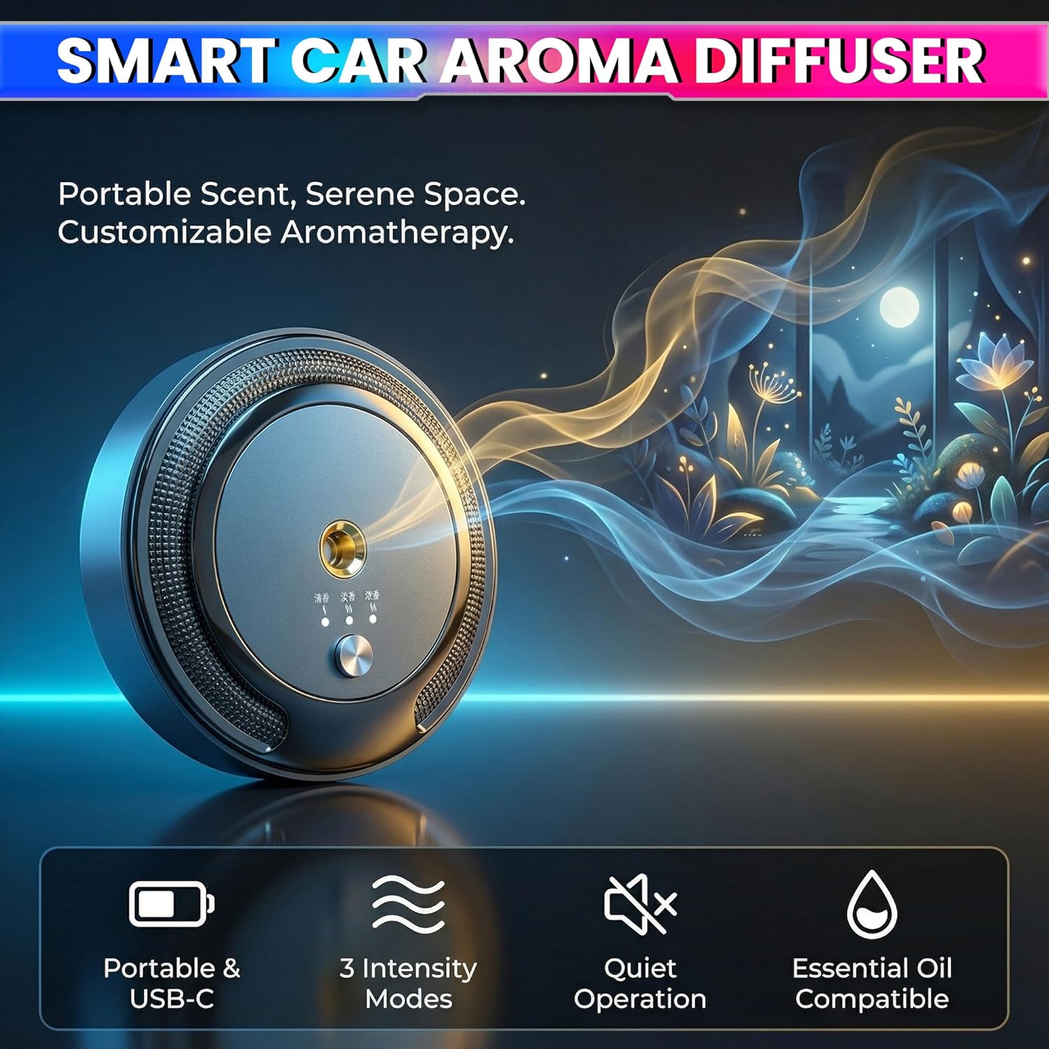 Smart Electric Essential Oil Diffuser for Car with Ultrasonic Atomization, 3 Aroma Modes