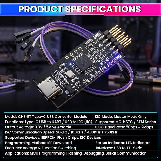 CH341T Type-C USB to UART TTL & I2C Converter Module with 3.3V/5V Selection | Serial Programmer