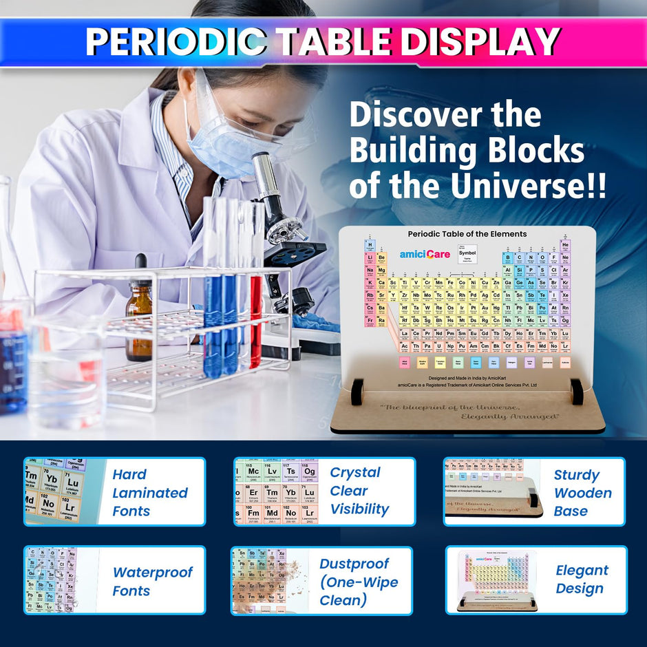 Periodic Table Display with Wooden Stand Acrylic Chemistry Learning & Decorative Desk Tool for Students or Teachers amiciKart