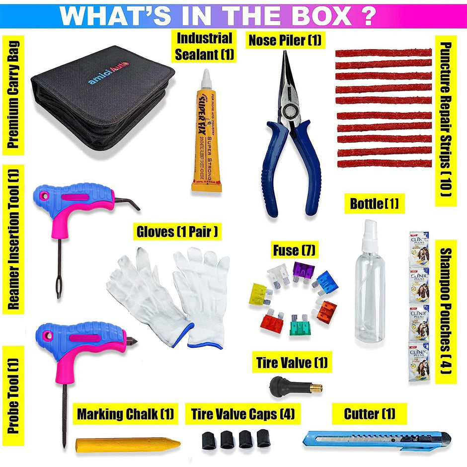 Universal Puncture Tool Kit for Tubeless Tyre with Premium Storage Bag amiciKart