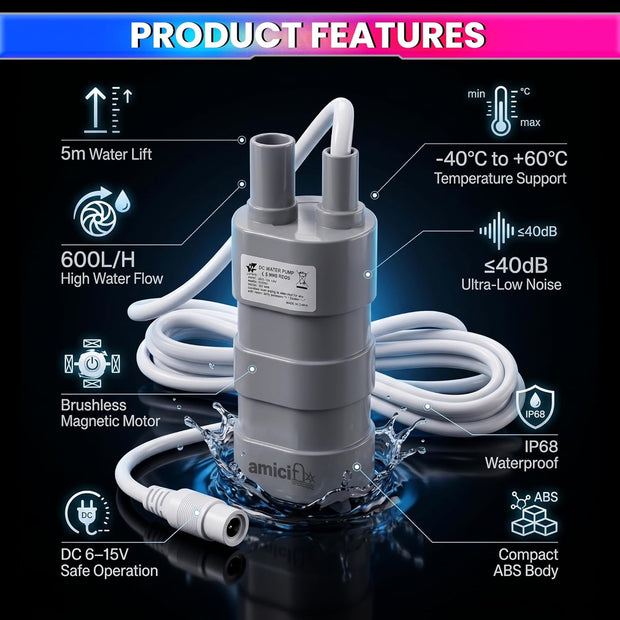 12V DC Submersible Water Pump 17W | 600L/H Flow 5m Lift | Aquarium, Fountain & Hydroponics