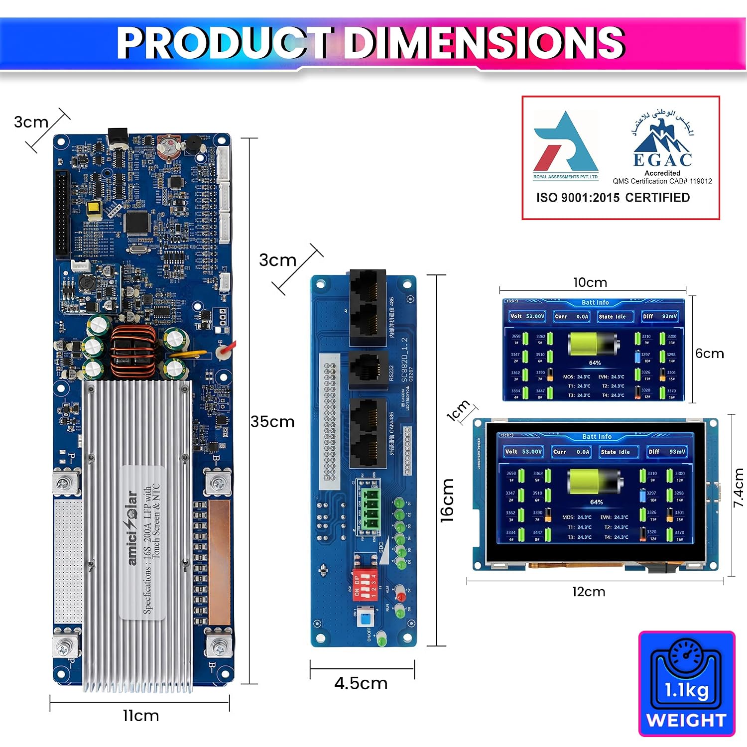 7S–16S 200A Smart BMS for LiFePO4 Battery Pack with HD TFT Display