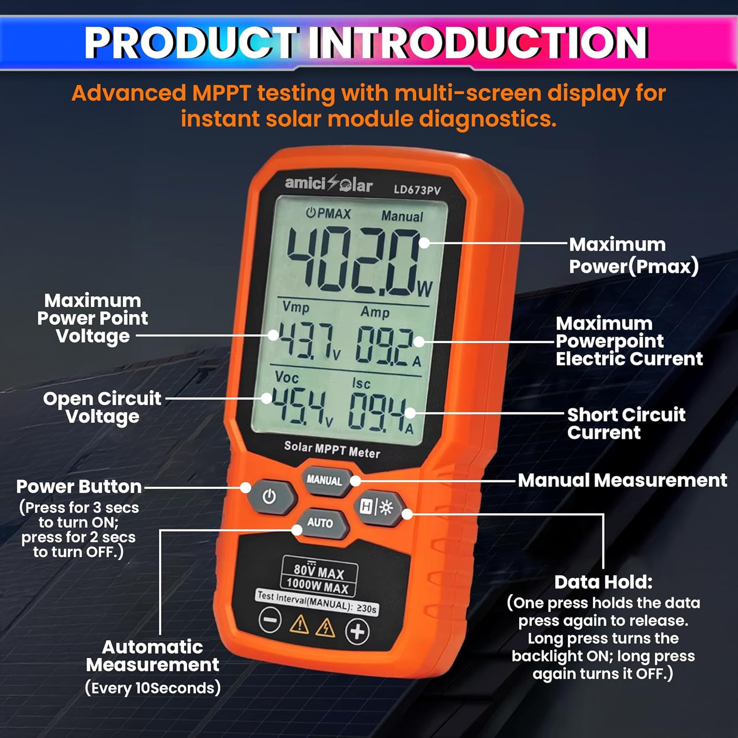 Solar MPPT Meter 12–80V DC 1000W Photovoltaic Tester with LCD Display