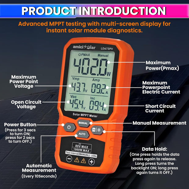 Solar MPPT Meter 12–80V DC 1000W Photovoltaic Tester with LCD Display