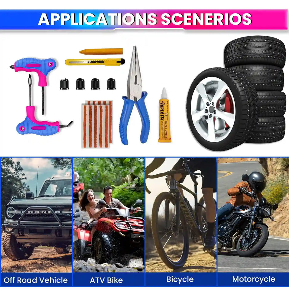 Tubeless Tyre Puncture Repair Kit – Heavy-Duty Reamer & Probe, Nose-Plier, Cutter & Valve Caps – Complete Motorcycle/Car Tyre Repair Set