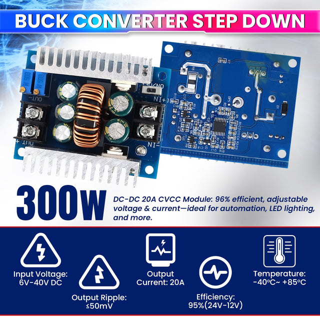 amiciSolar 300W 20A DC-DC Buck Converter, 6V-40V to 1.2V-36V Step-Down Power Module, Adjustable CC & CV, High Efficiency 95%, Low Ripple